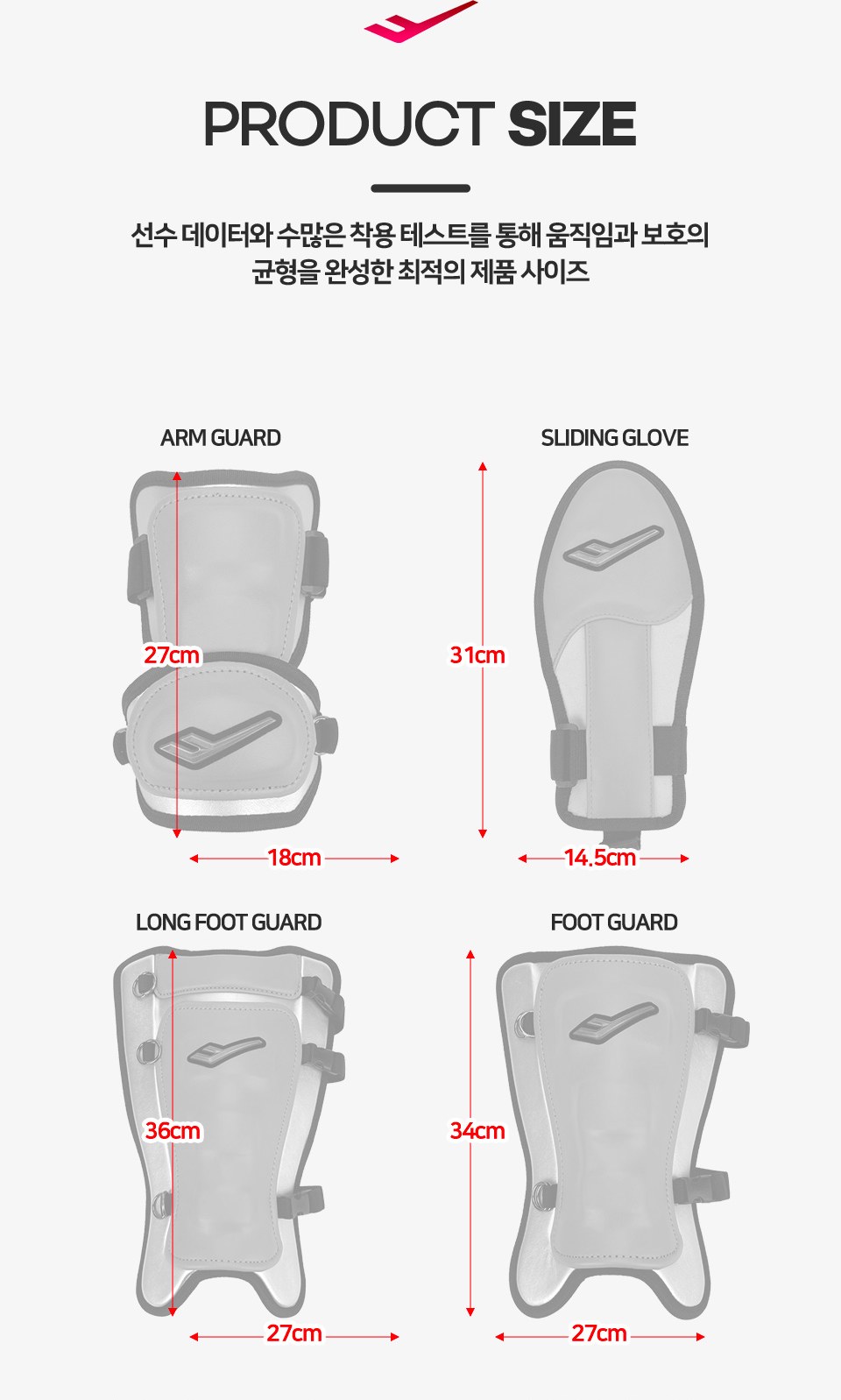 프로스펙스 엘리트 공통 안내 7 — PRODUCT SIZE — ARM GUARD 27×18 · SLIDING GLOVE 31×14.5 · LONG FOOT GUARD 36×27 · FOOT GUARD 34×27cm