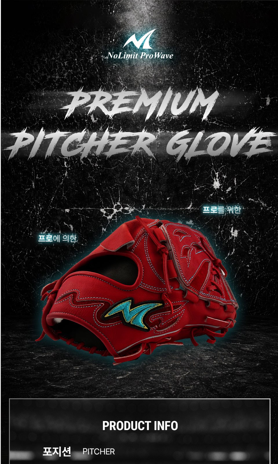 노리미트 KSR KSR-02 상세 1 — 표지 — NoLimit ProWave, PREMIUM PITCHER GLOVE, 제품 정보(포지션·사이즈·원산지·소재)