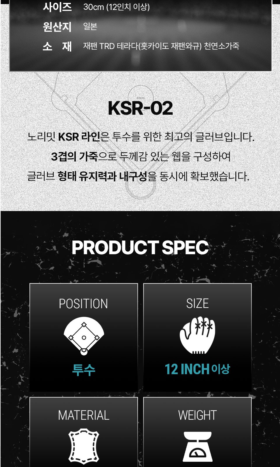 노리미트 KSR KSR-02 상세 2 — KSR 라인 소개와 PRODUCT SPEC(포지션·사이즈·소재·무게)