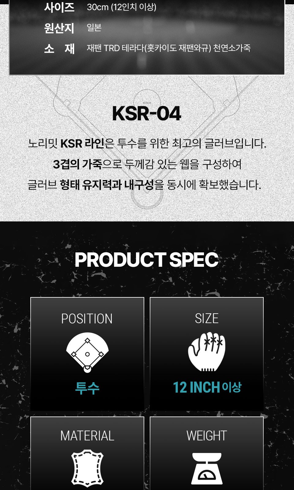 노리미트 KSR KSR-04 상세 2 — KSR 라인 소개와 PRODUCT SPEC(포지션·사이즈·소재·무게)